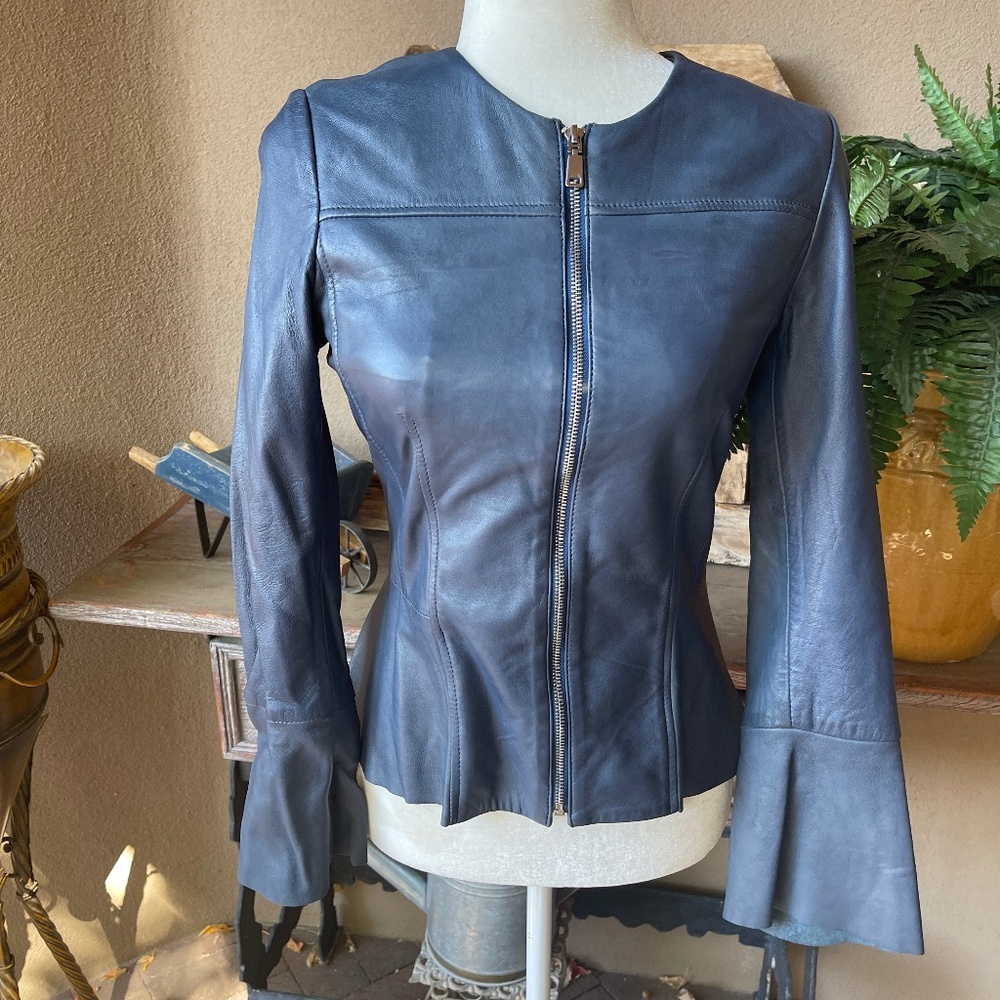 NEW! Mango Navy Blue Sheep Leather Peplum Jacket, Blazer Size XXS.